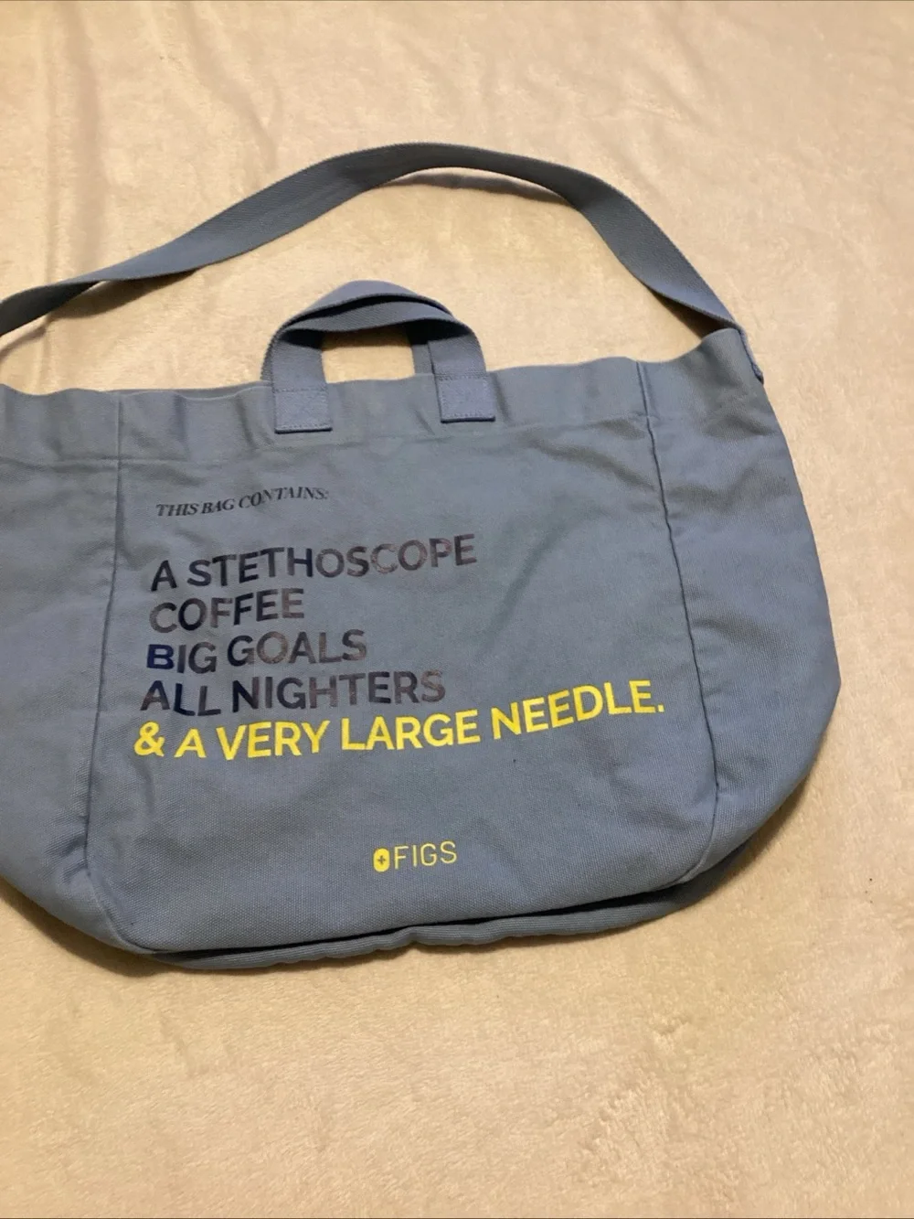 FIGS Slate Blue Canvas Messenger Tote with Yellow Accent
